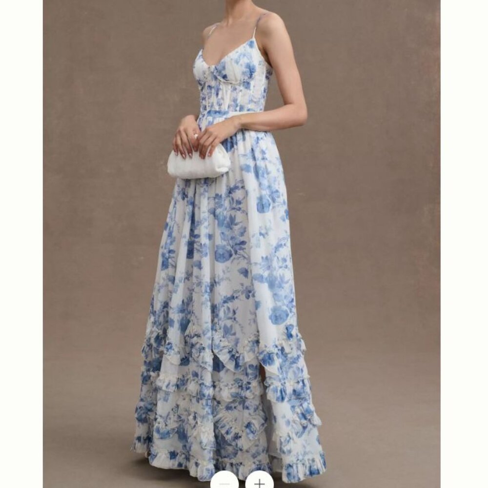 V Chapman Carmen Corset Ruffle Slit Dress, Size 8 (Hemmed/Tailored)